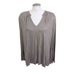 Old Navy Womens Blouse XXL 2XL Taupe Dot Long Sleeve V Neck Lightweight Pleats